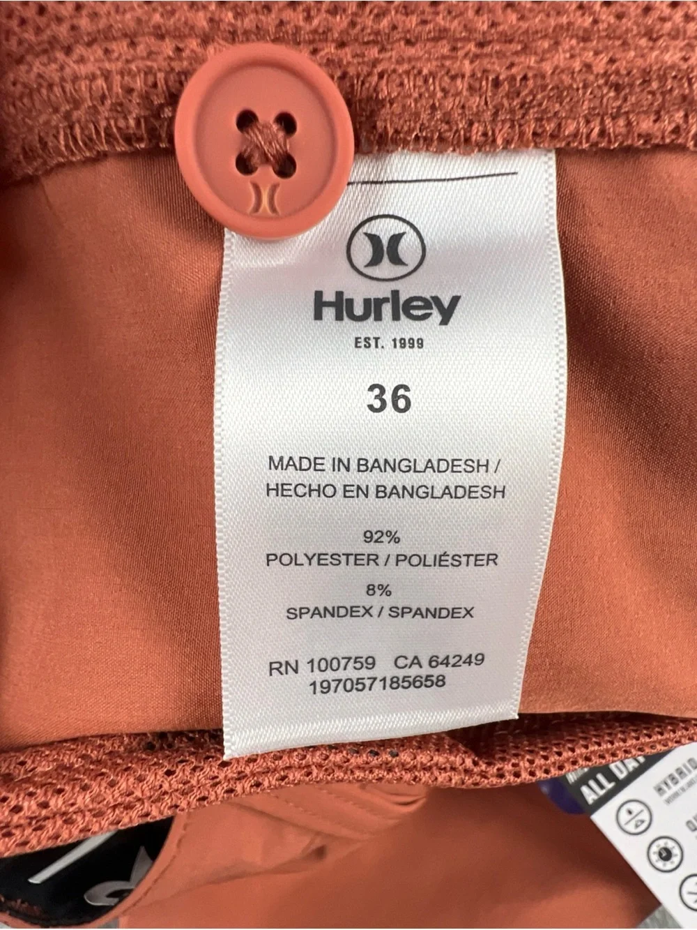 NWT Hurley Shorts All Day Hybrid Quick Dry Stretch Redwood Men's Size 36